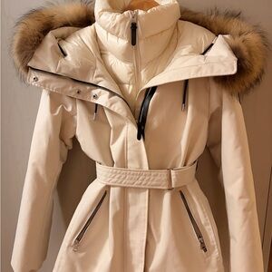 Mackage Cream Belted Ski Jacket with Fur Hood